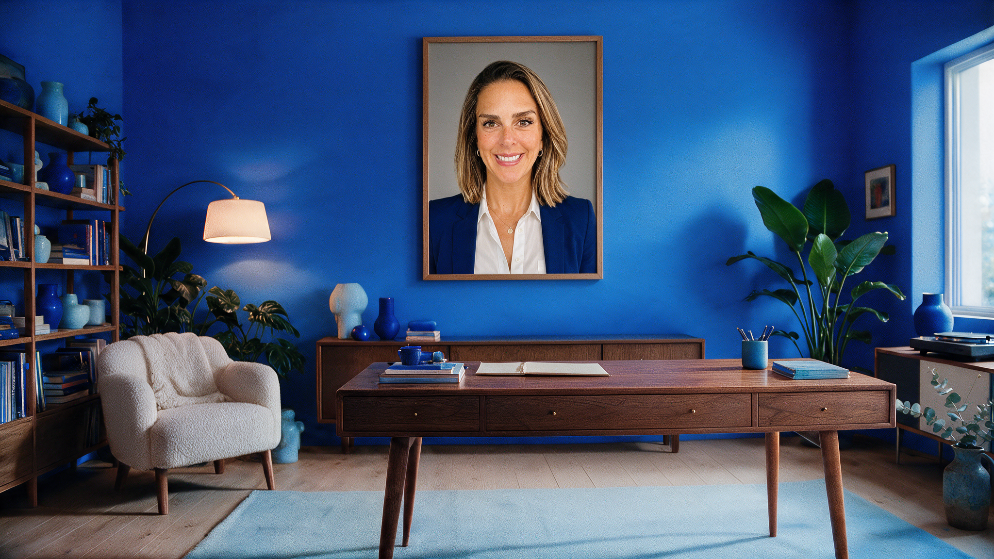 Office with a portrait of Kat Knapp on the wall
