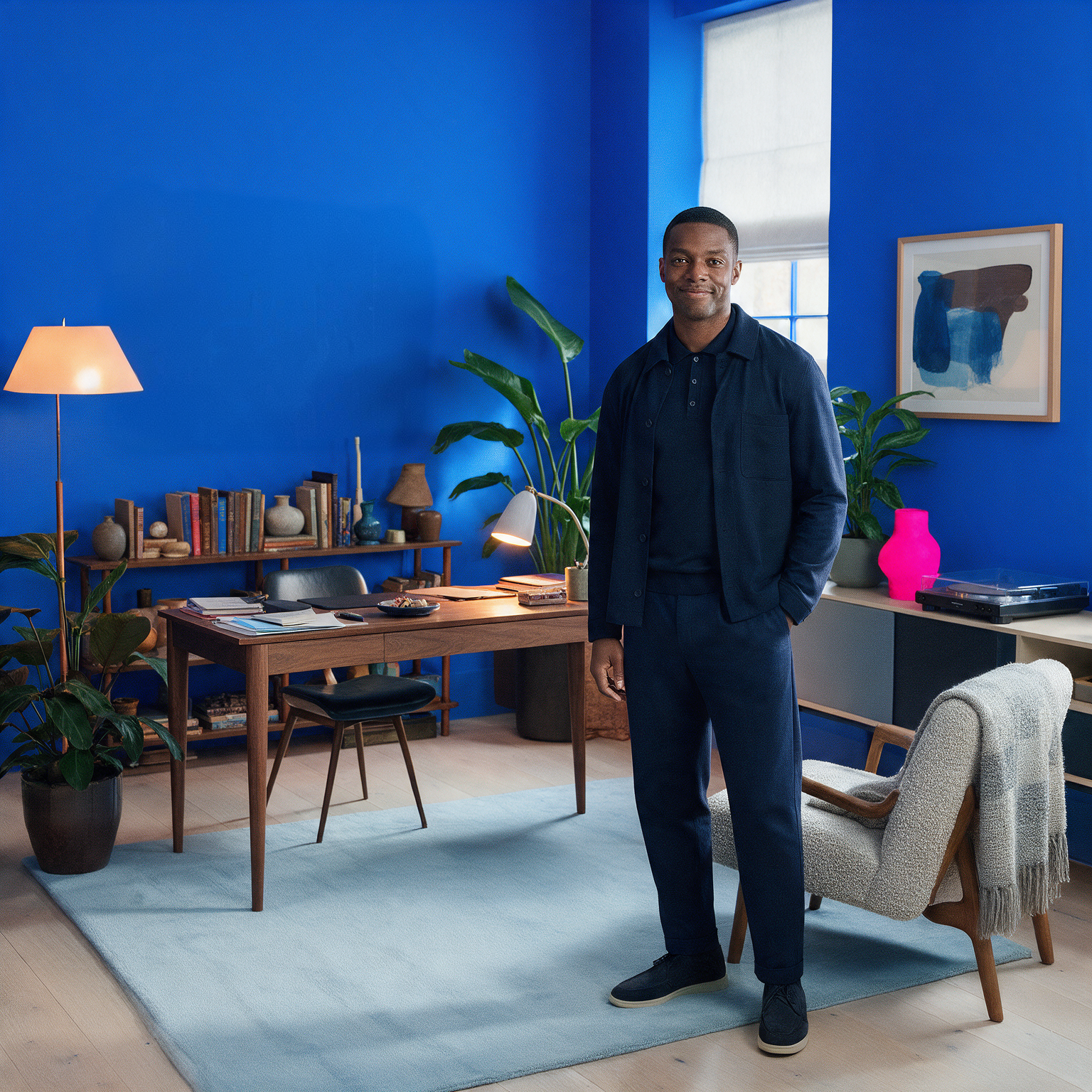 Benefits consultant standing in a blue office